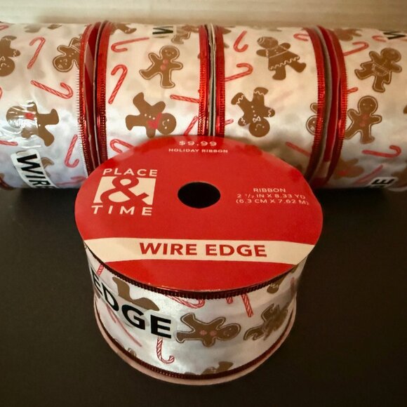 Lot of 5 NEW Holiday Rolls Wired Edge Ribbon - Gingerbread Men & Ladies - 2.5"W - Picture 1 of 3